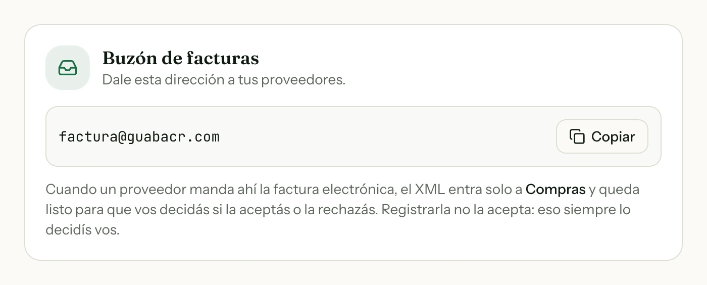 Ajustes → Buzón de facturas: la dirección que le pasás a tus proveedores, con el botón para copiarla.