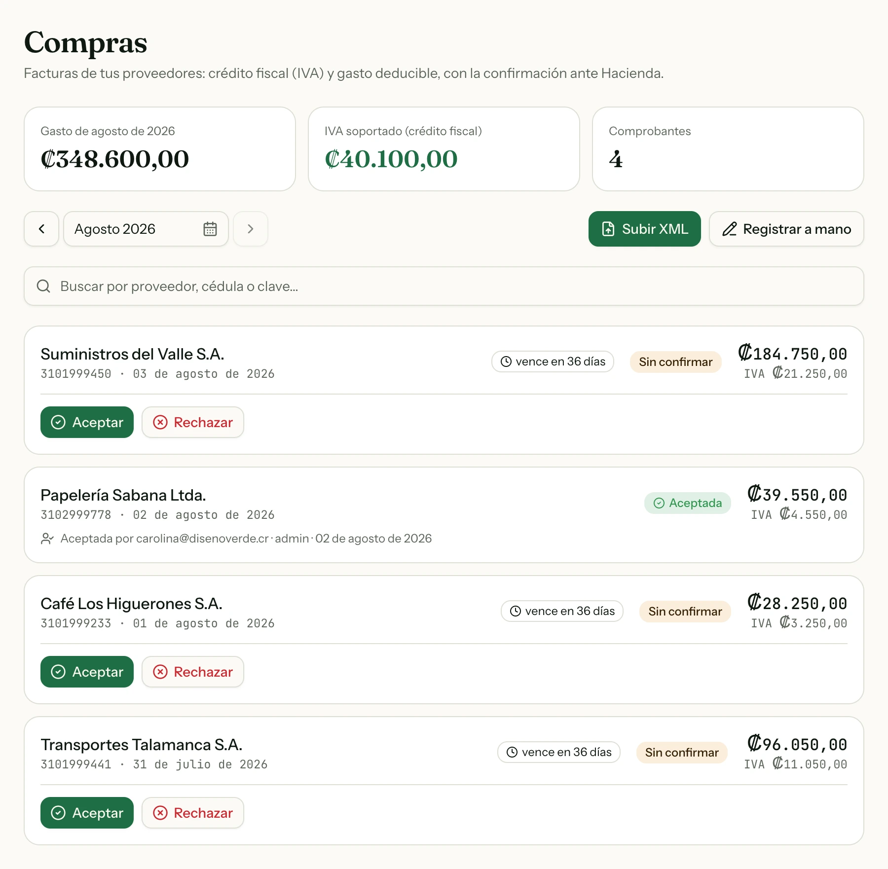 Compras del mes: cada factura que entró por el buzón, con su IVA soportado y su plazo para confirmar.