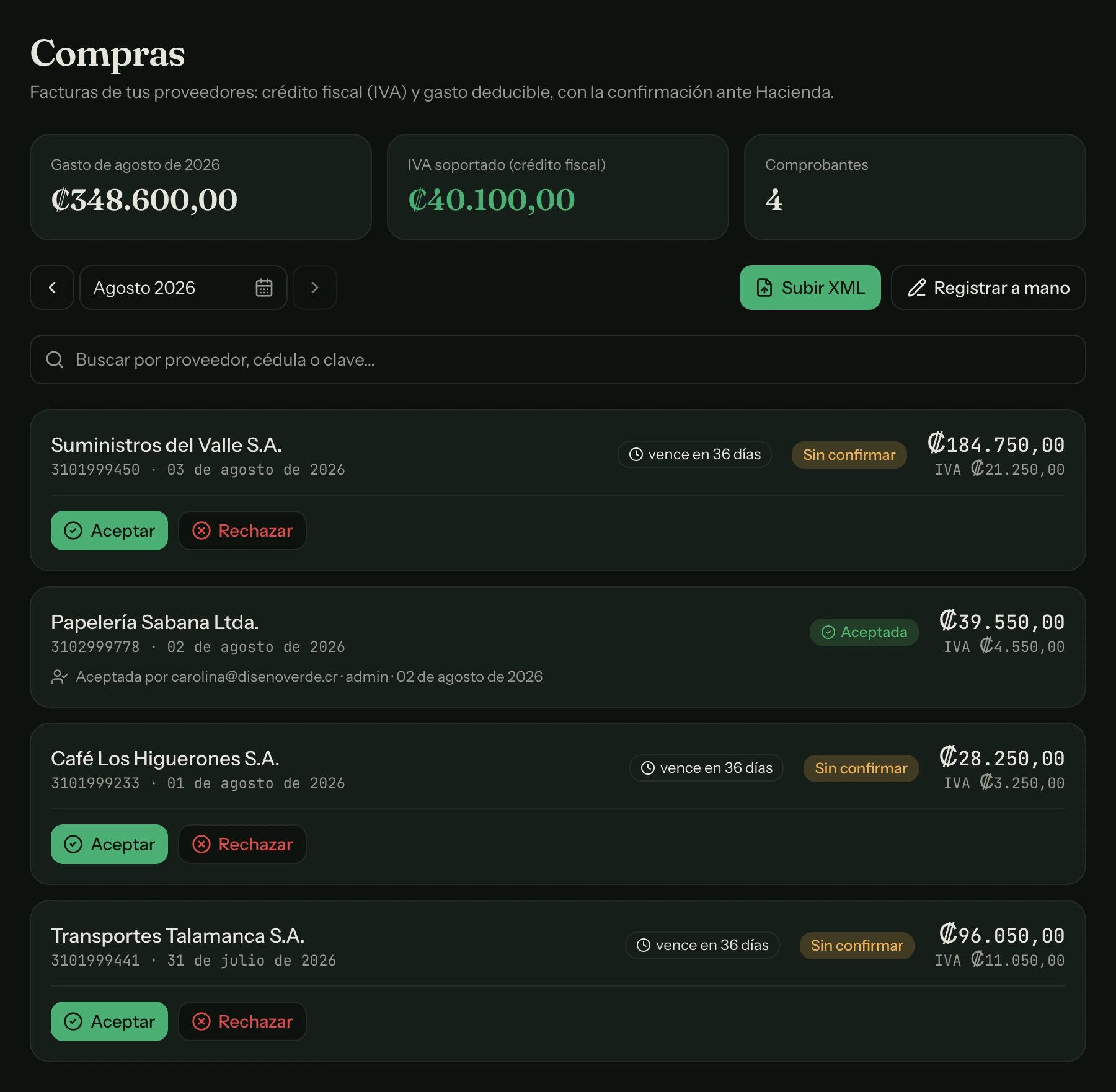 Compras del mes: cada factura que entró por el buzón, con su IVA soportado y su plazo para confirmar.