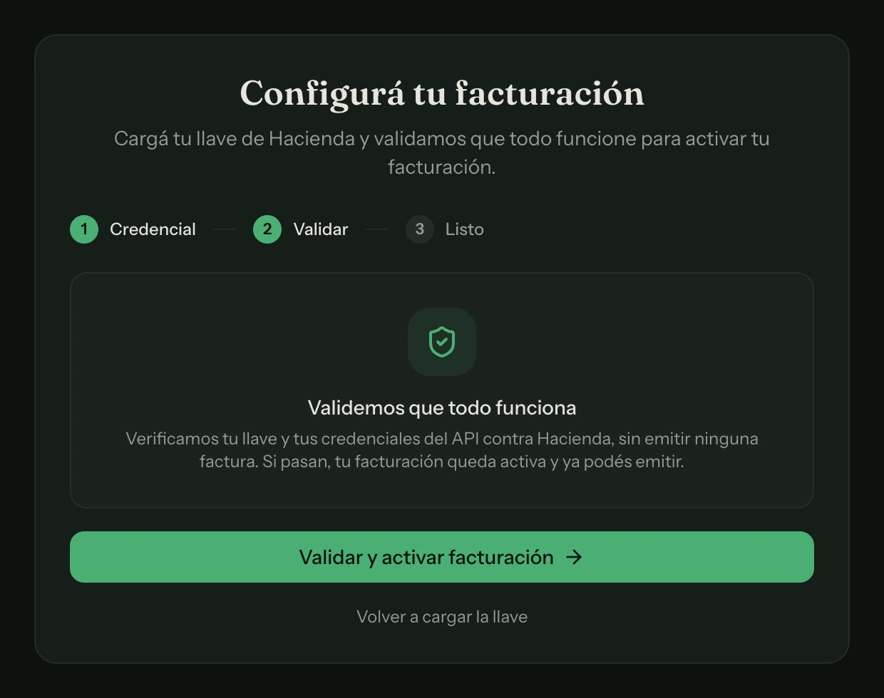 El último paso de Configurar facturación: la prueba que abre la llave con el PIN y se autentica contra Hacienda sin emitir nada.